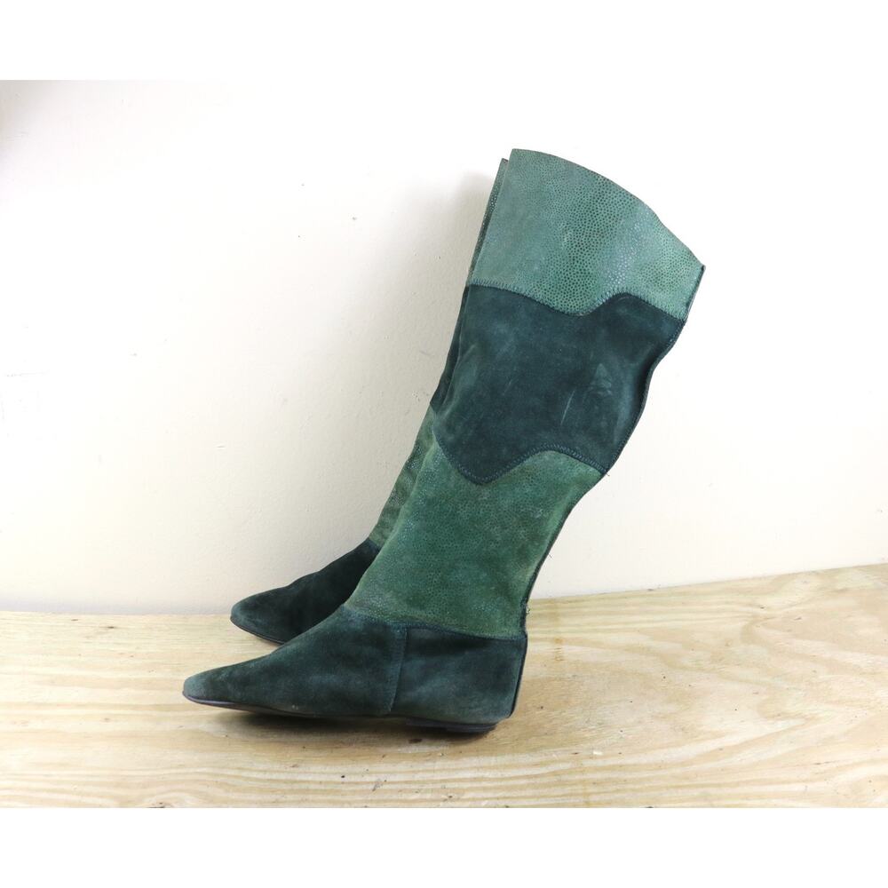 Vintage Wild Pair Boots 7.5 Green Leather Patchwork 70's Disco Boho